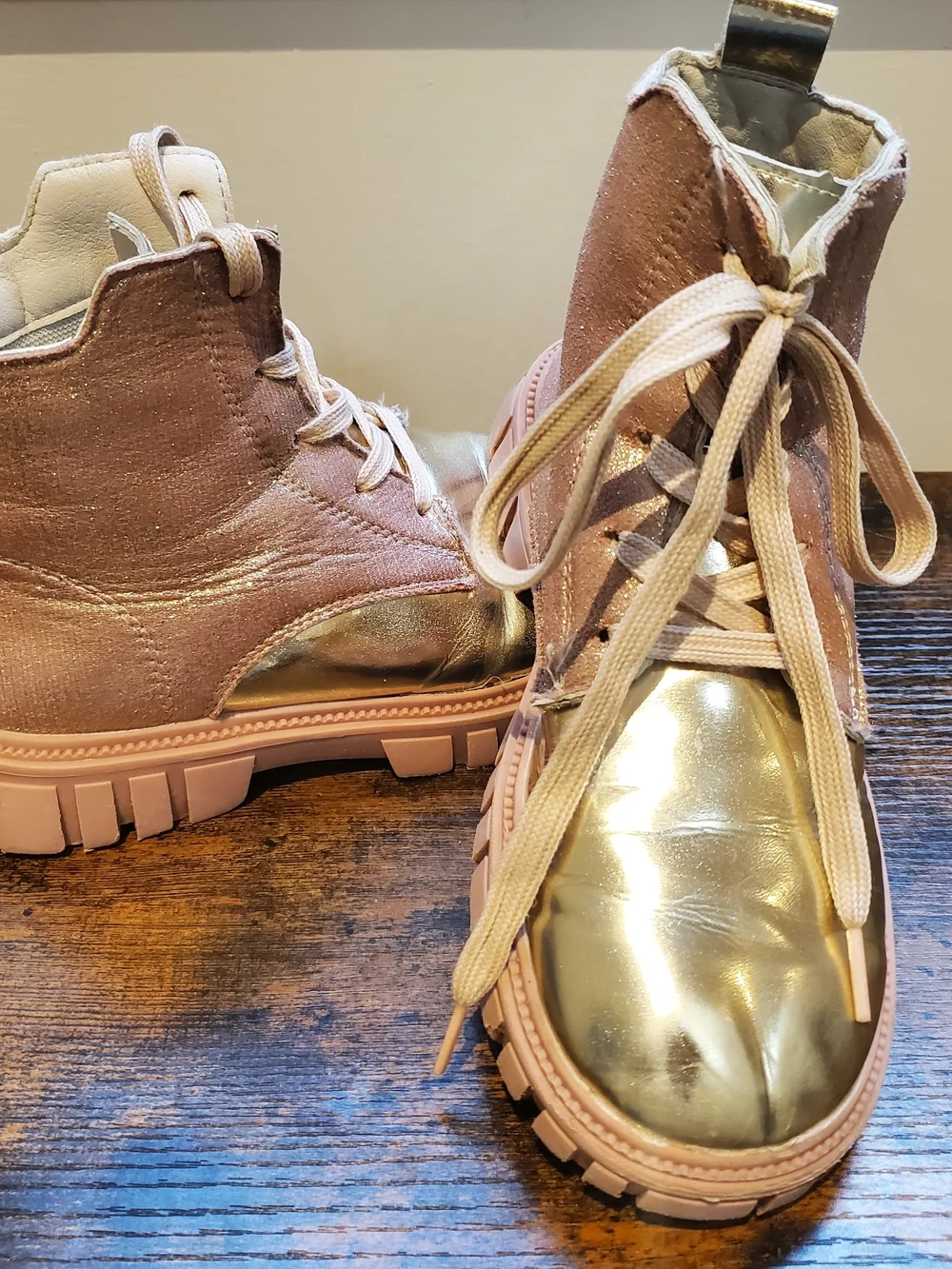 Girls Metallic Gold & Blush Glitter Pink Lace-Up Boots - Picture 4 of 6